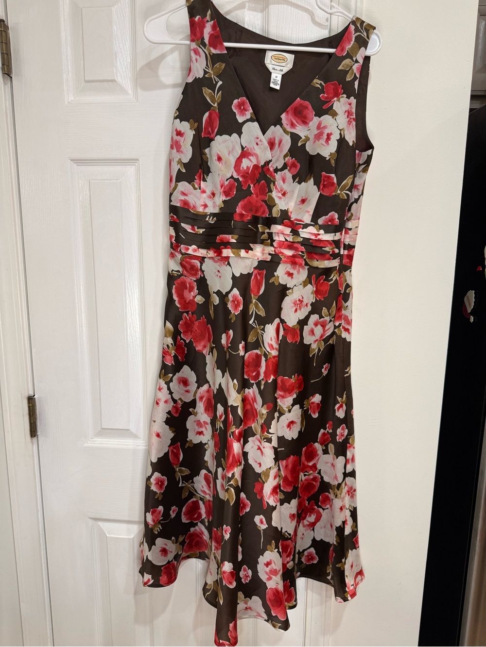 Talbots Pure Silk Floral Midi Dress Brown Pink White Sleeveless Ruched Waist 10